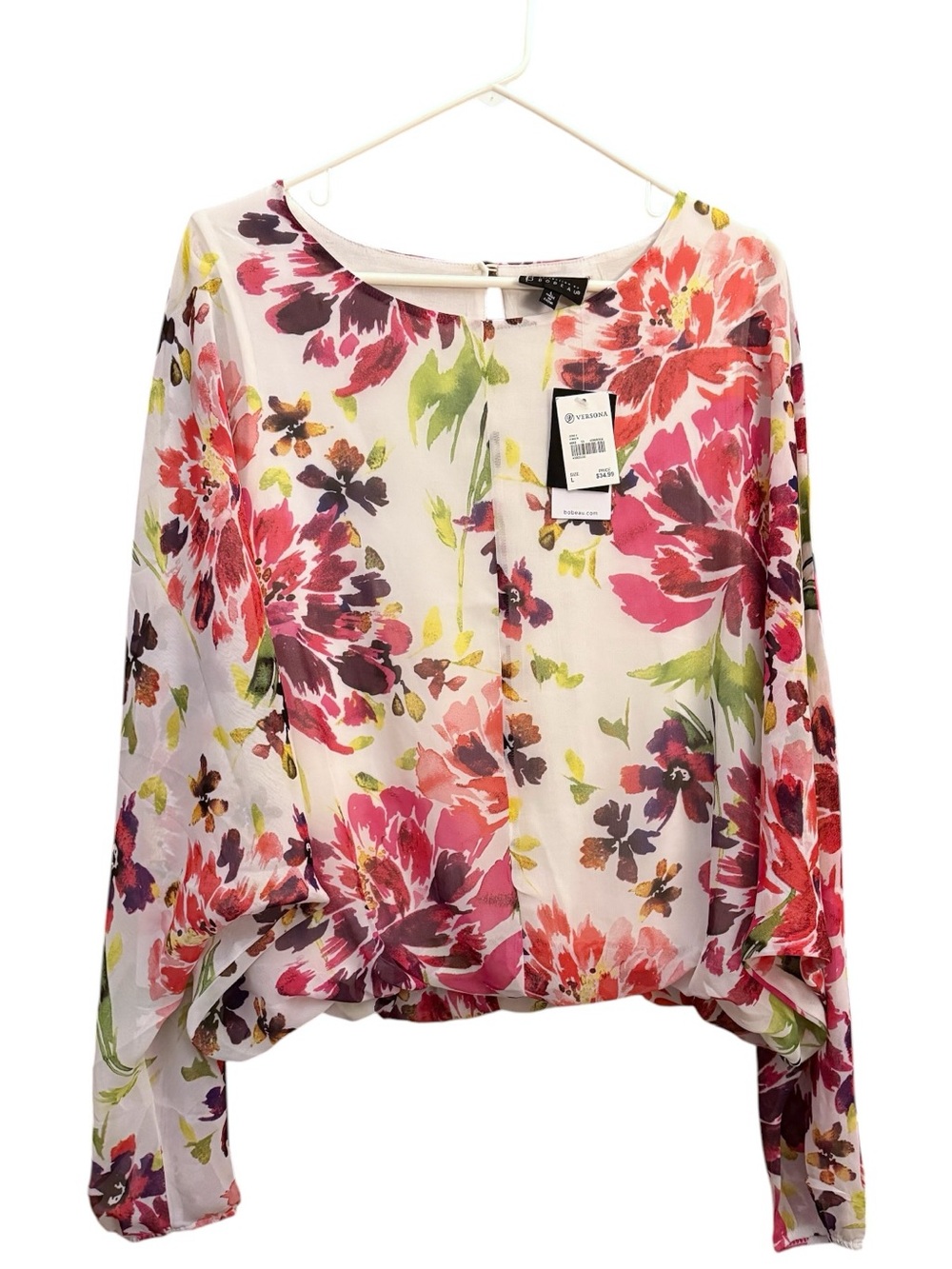 bobeau Floral Button-Front Blouse — Pink, Green & White NWT
